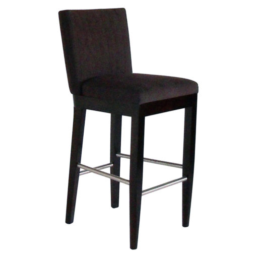 Meridian Barstool upholstered with dark gray fabric and foot rails with wooden legs