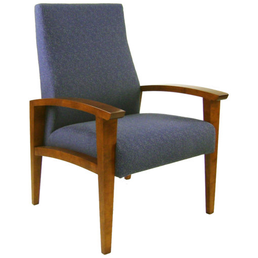 Sovereign Chair with blue upholstery, open wooden arms and legs.